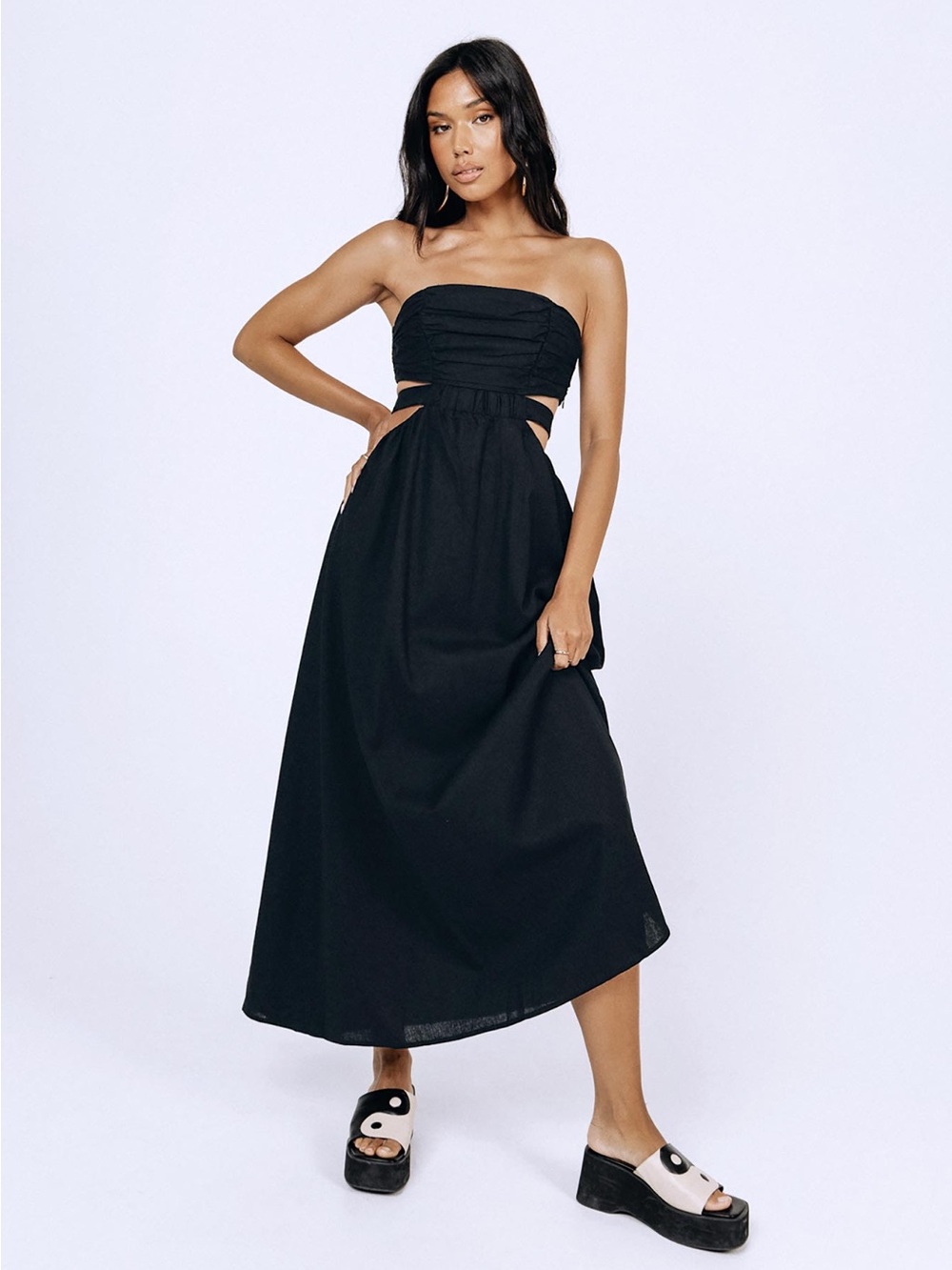 Strapless Black Midi Dress with Side Cutouts